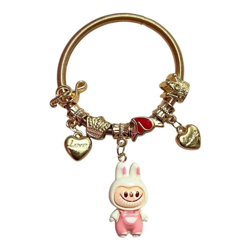 🤯5/$25🤯 Stretchy White Labubu Love Heart Crown Note Gold Child’s Charm Bracelet